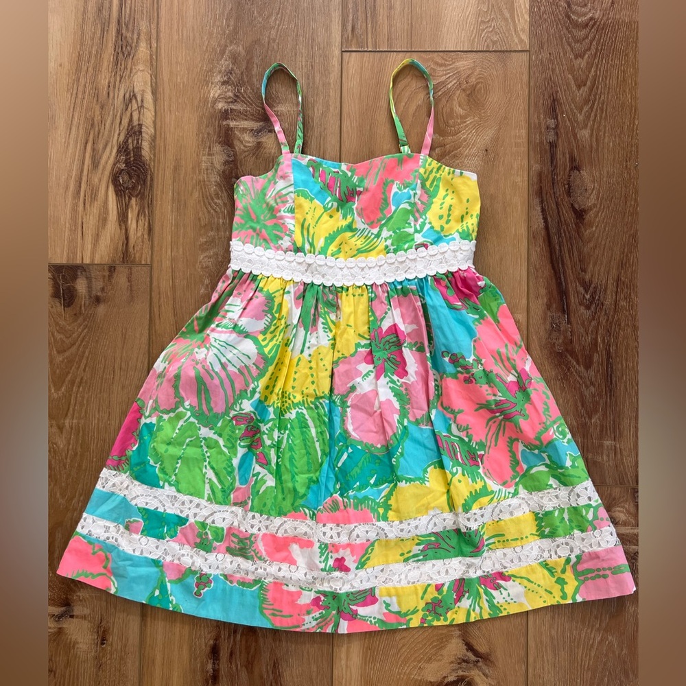 Lilly Pulitzer Emmy Dress Shorely Blue Big Flirt Lace Trim Youth Girl Size 8